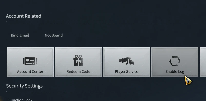 The game's Esc menu, under Account Related: Account Center, Redeem Code, Player Service, and the Enable Log button.